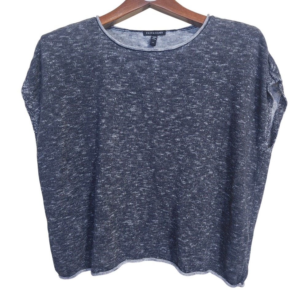 Eileen Fisher Organic Linen Slub Knit Square Top Large Roll Neck Gray Black Boxy